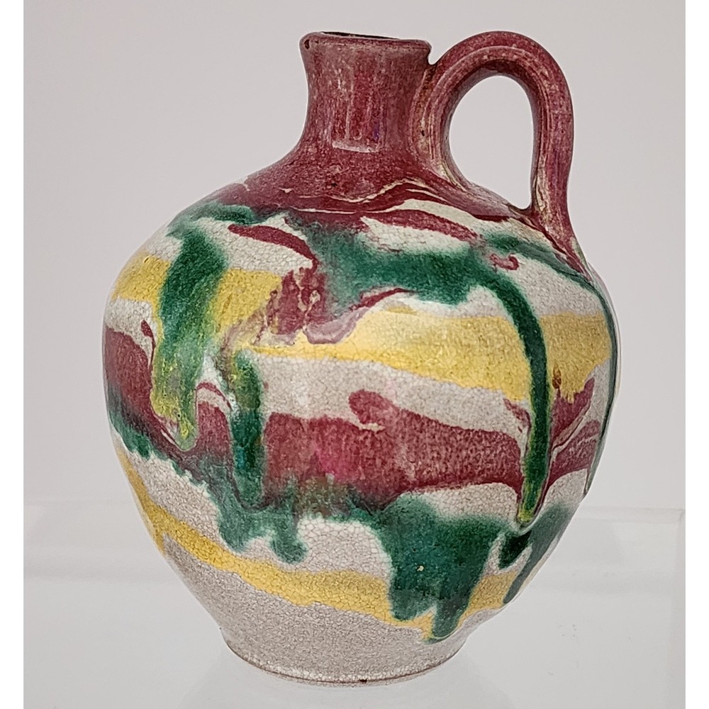 Studio Pottery Jug Multicolor Drip Glaze Vintage Rustic CC Cole North Carolina
